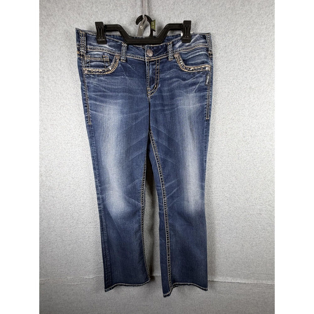 Silver Jeans Suki Mid Slim Boot Jeans Womens 32x31 Blue Distressed Stretch